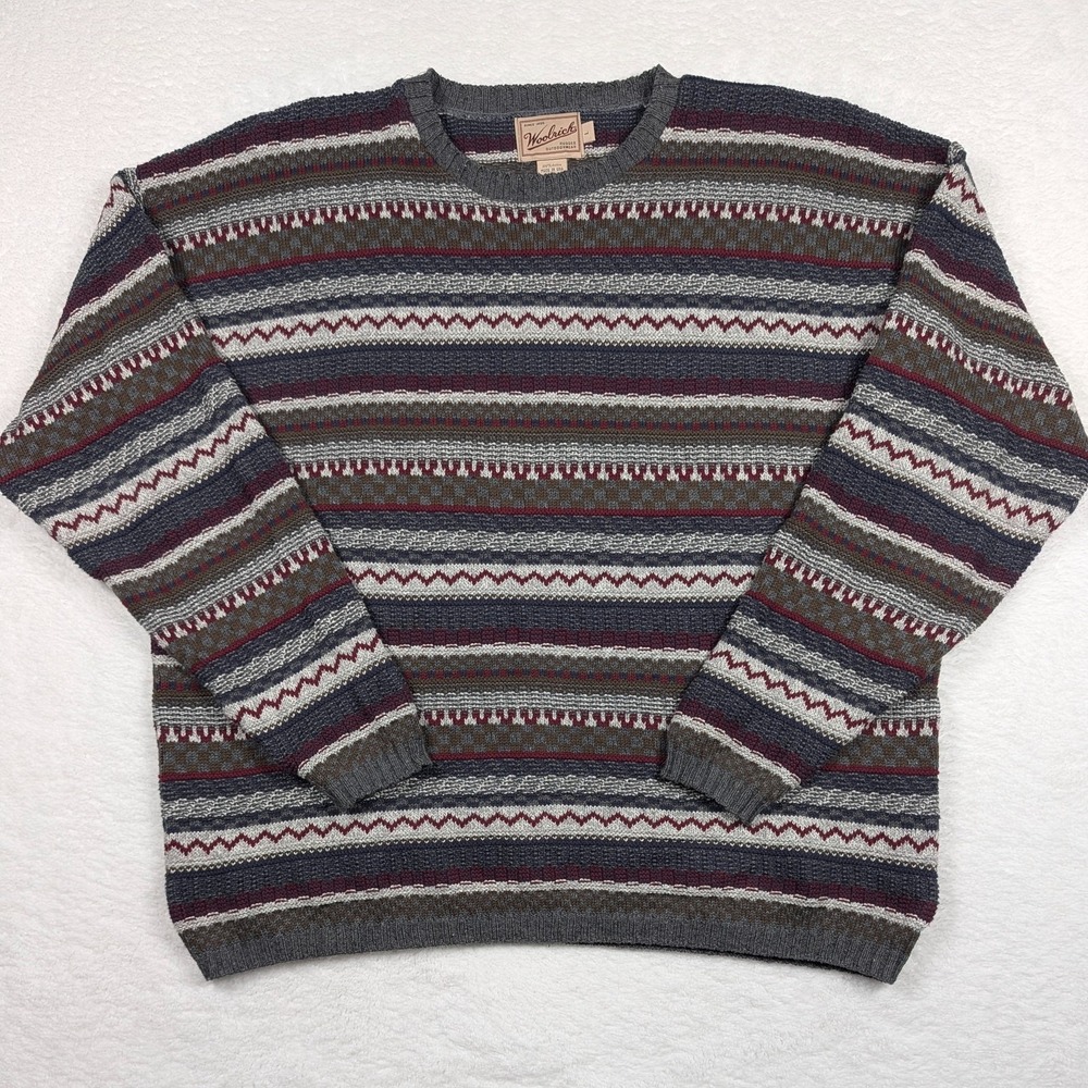 Vintage Woolrich Sweater Mens Large Fair Isle Stripe Cotton Knit Made USA - Picture 2 of 7